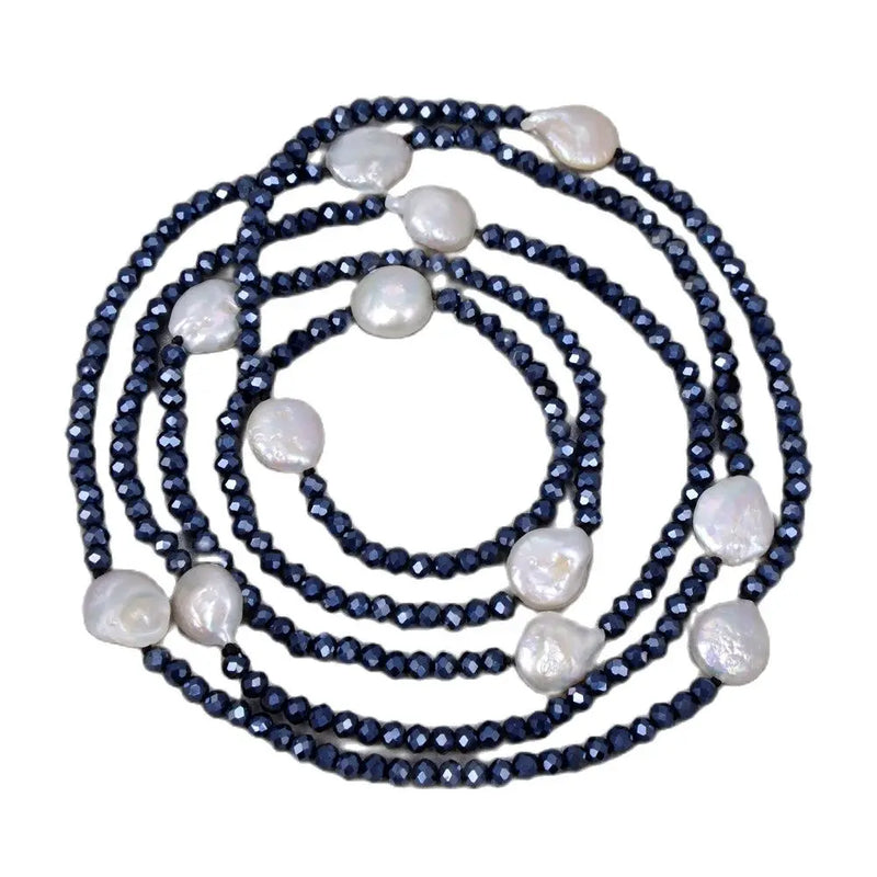 Natural Freshwater keshi Pearl Crystal Long Sweater Necklace