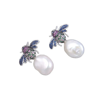 Freshwater Coin Pearl Silver Plated Cz Pave Insect Stud Earrings