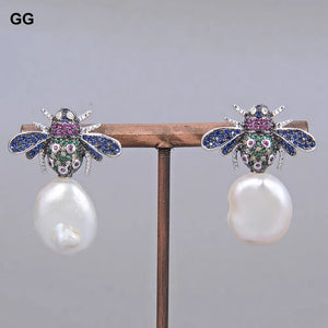 Freshwater Coin Pearl Silver Plated Cz Pave Insect Stud Earrings