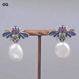 Freshwater Coin Pearl Silver Plated Cz Pave Insect Stud Earrings