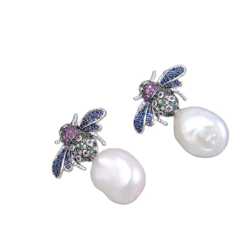 Freshwater Coin Pearl Silver Plated Cz Pave Insect Stud Earrings