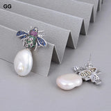 Freshwater Coin Pearl Silver Plated Cz Pave Insect Stud Earrings