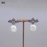 Freshwater Coin Pearl Silver Plated Cz Pave Insect Stud Earrings