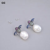 Freshwater Coin Pearl Silver Plated Cz Pave Insect Stud Earrings