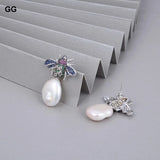 Freshwater Coin Pearl Silver Plated Cz Pave Insect Stud Earrings