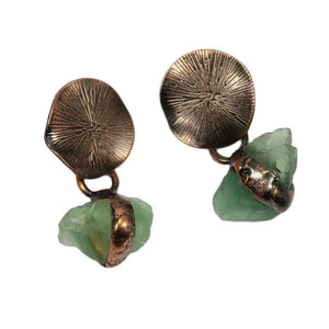 Green Fluorite Rough Bronze Plated Stud Earrings Vintage Lady