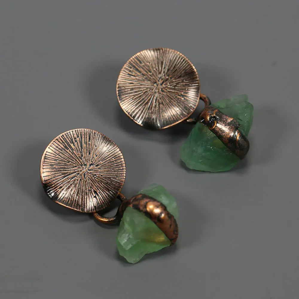 Green Fluorite Rough Bronze Plated Stud Earrings Vintage Lady