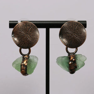 Green Fluorite Rough Bronze Plated Stud Earrings Vintage Lady