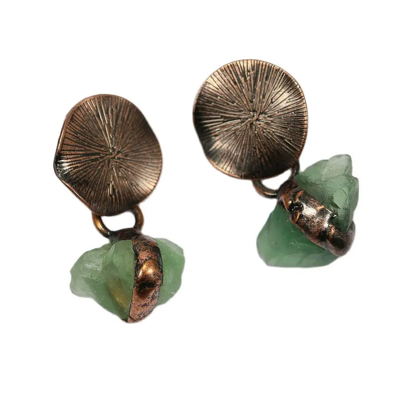 Green Fluorite Rough Bronze Plated Stud Earrings Vintage Lady
