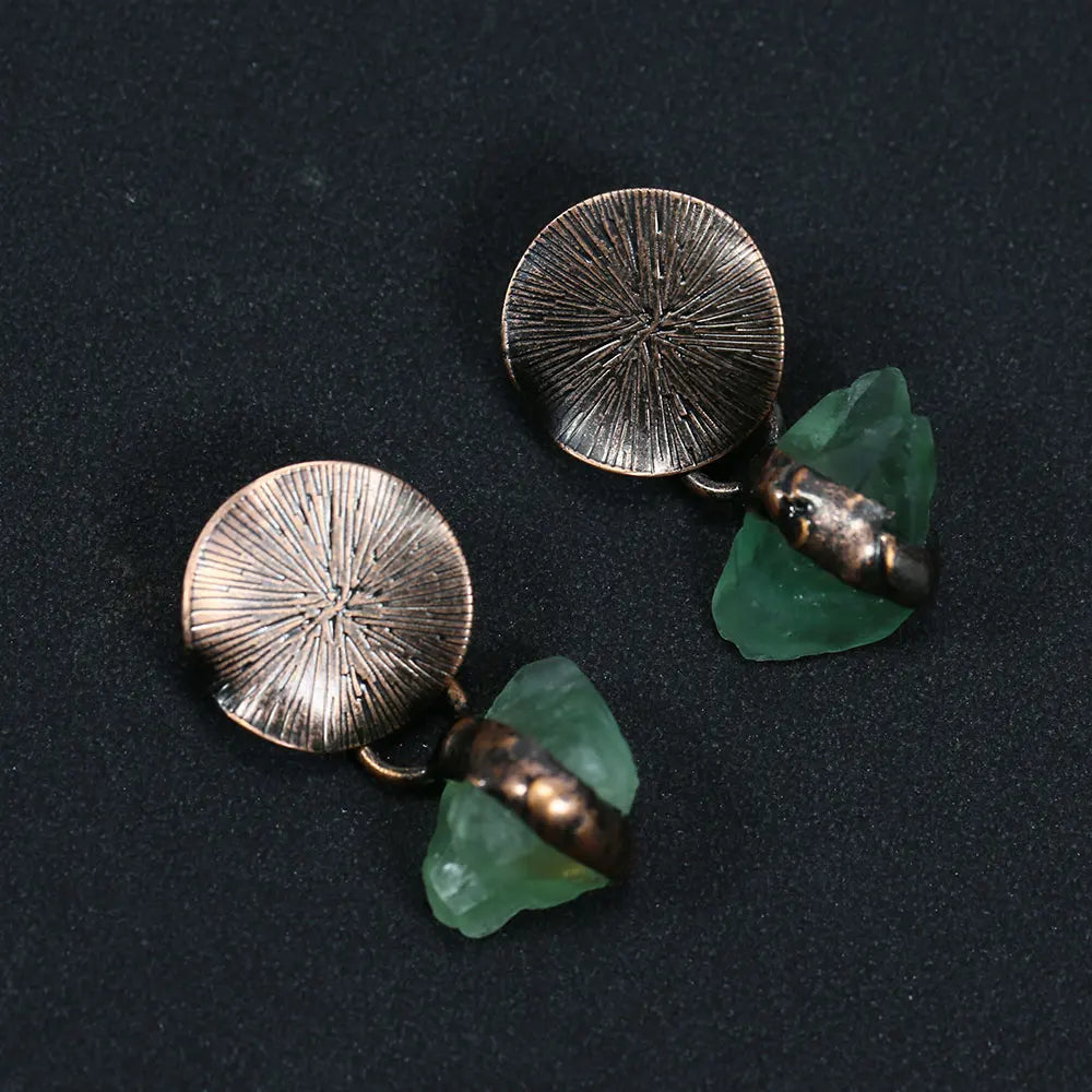 Green Fluorite Rough Bronze Plated Stud Earrings Vintage Lady