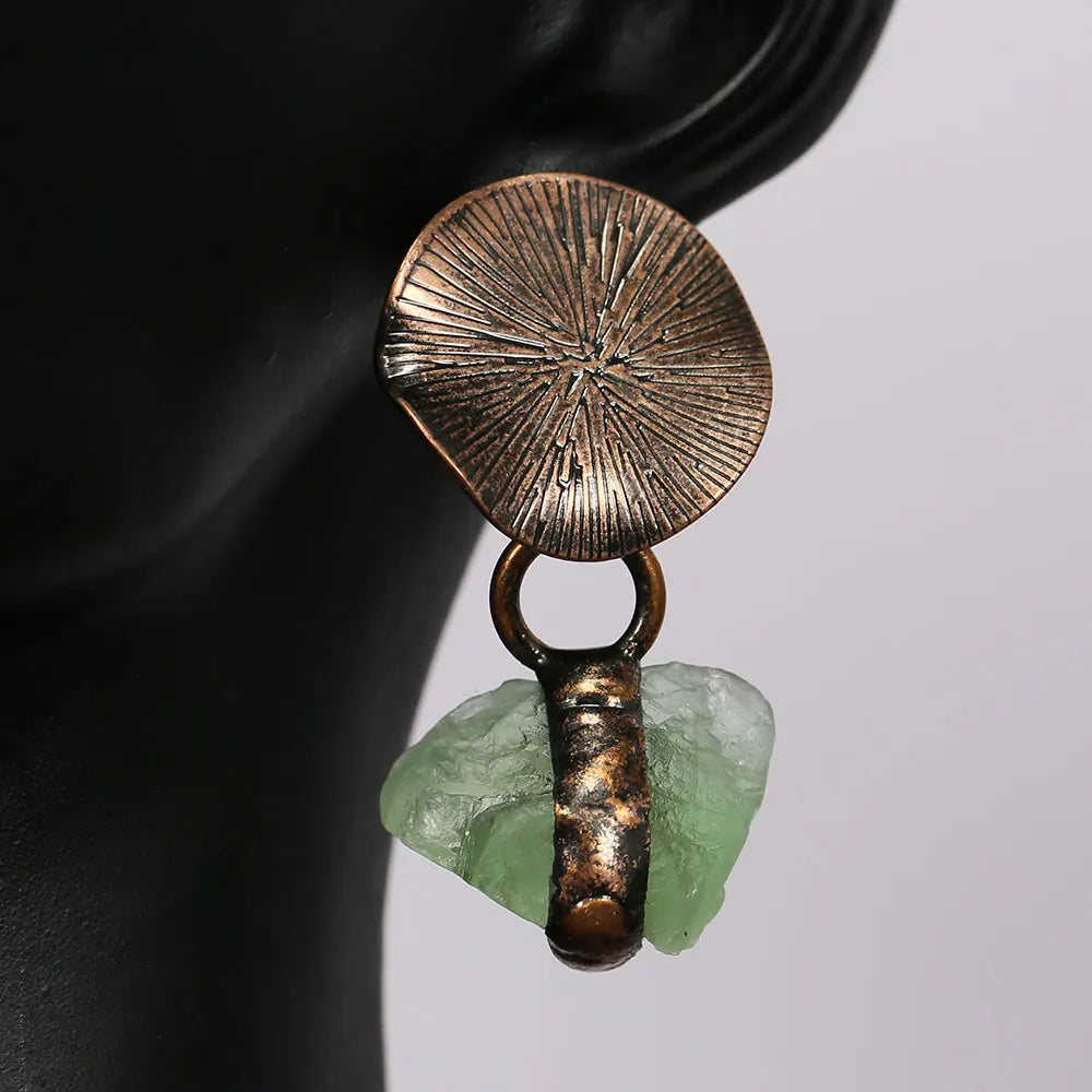 Green Fluorite Rough Bronze Plated Stud Earrings Vintage Lady