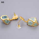 Green Fluorite Nugget Earrings, Golden Plated