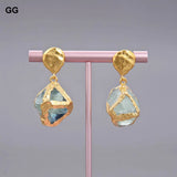 Green Fluorite Nugget Earrings, Golden Plated