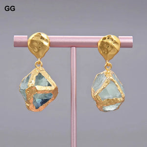 Green Fluorite Nugget Earrings, Golden Plated