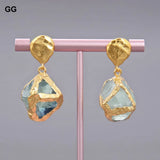 Green Fluorite Nugget Earrings, Golden Plated