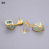 Green Fluorite Nugget Earrings, Golden Plated