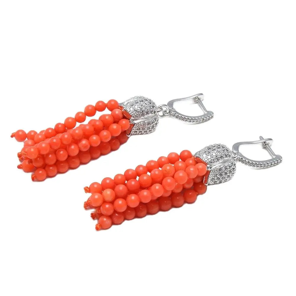 Orange Coral Beads Silver CZ Pave Earrings