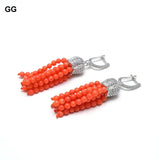 Orange Coral Beads Silver CZ Pave Earrings