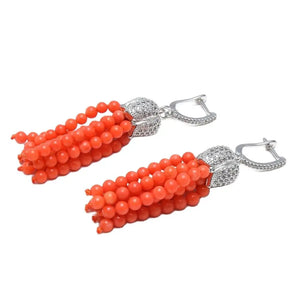 Orange Coral Beads Silver CZ Pave Earrings