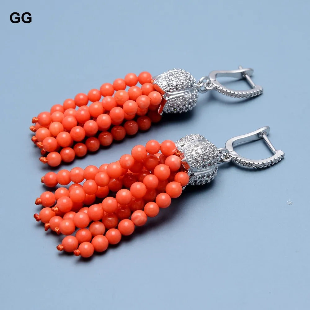 Orange Coral Beads Silver CZ Pave Earrings