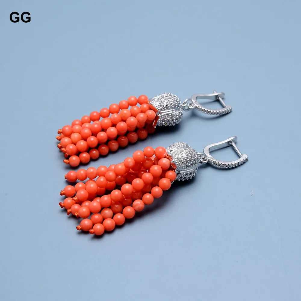 Orange Coral Beads Silver CZ Pave Earrings