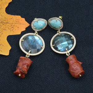 Red Coral Labradorite CZ Dangle Earrings Amazonite Stud Earrings