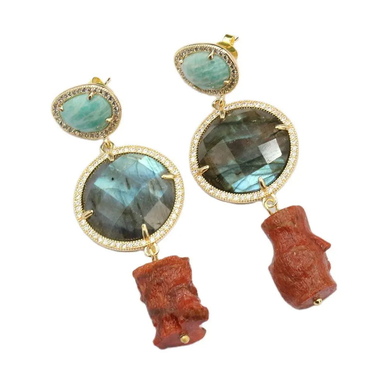 Red Coral Labradorite CZ Dangle Earrings Amazonite Stud Earrings