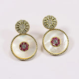 Red Crystal Shell Pearl Dangle Stud Earrings with CZ Paved Design