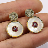 Red Crystal Shell Pearl Dangle Stud Earrings with CZ Paved Design