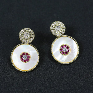 Red Crystal Shell Pearl Dangle Stud Earrings with CZ Paved Design