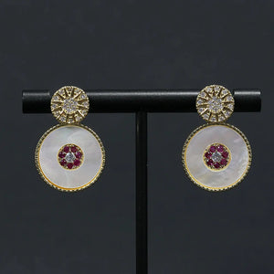 Red Crystal Shell Pearl Dangle Stud Earrings with CZ Paved Design