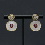 Red Crystal Shell Pearl Dangle Stud Earrings with CZ Paved Design