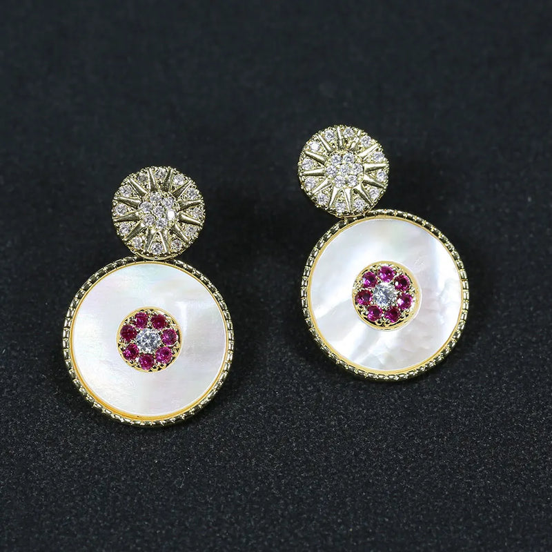 Red Crystal Shell Pearl Dangle Stud Earrings with CZ Paved Design