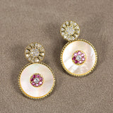 Red Crystal Shell Pearl Dangle Stud Earrings with CZ Paved Design