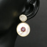 Red Crystal Shell Pearl Dangle Stud Earrings with CZ Paved Design