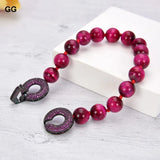 Fuchsia Round 10mm Tiger Eye Bracelet with Pave Clasp