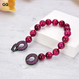 Fuchsia Round 10mm Tiger Eye Bracelet with Pave Clasp