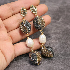 Natural Freshwater Pearl Macarsite Pave Stud Earrings
