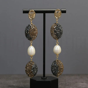 Natural Freshwater Pearl Macarsite Pave Stud Earrings