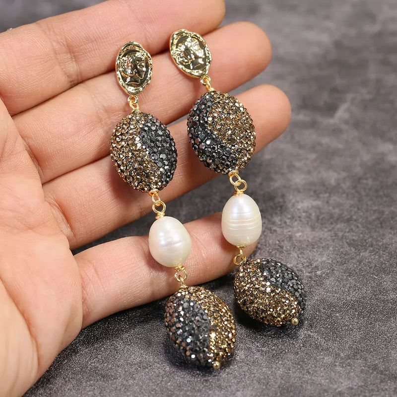 Natural Freshwater Pearl Macarsite Pave Stud Earrings
