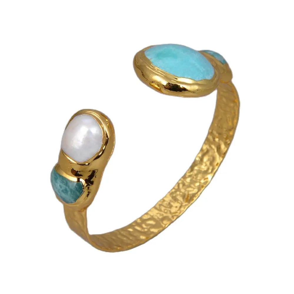 Vintage Style Keshi Pearl Green Amazonite Bangle Bracelet for Women
