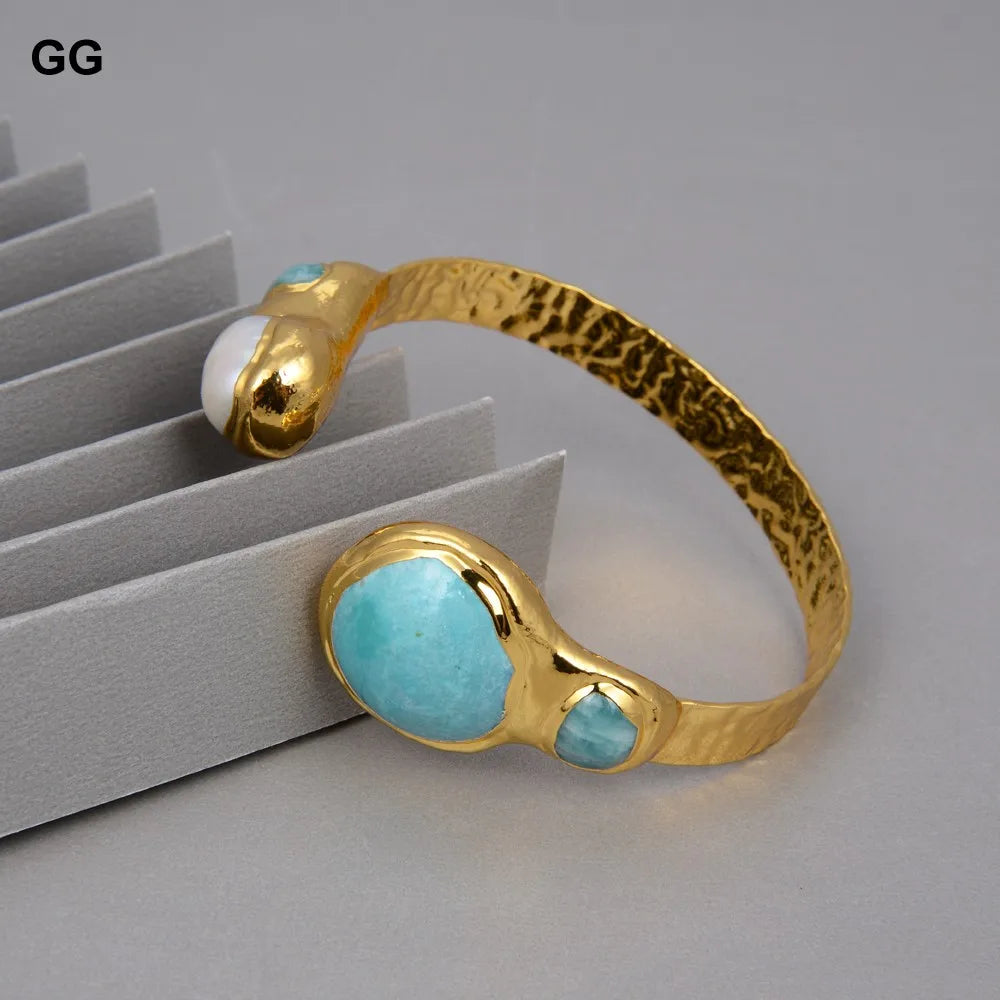 Vintage Style Keshi Pearl Green Amazonite Bangle Bracelet for Women