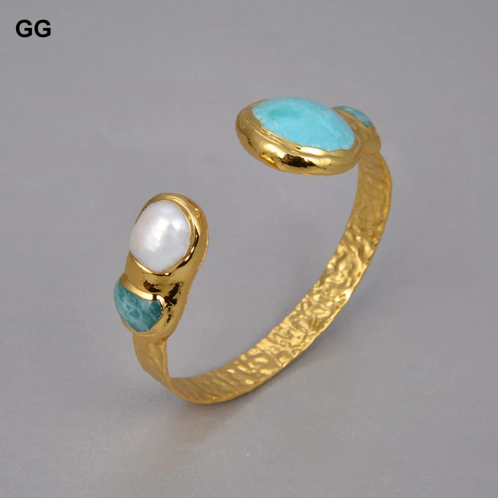 Vintage Style Keshi Pearl Green Amazonite Bangle Bracelet for Women