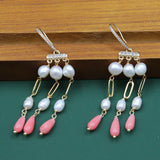 Natural Pearl Pink Coral CZ Pave Hook Earrings Women Lady Jewelry Gift