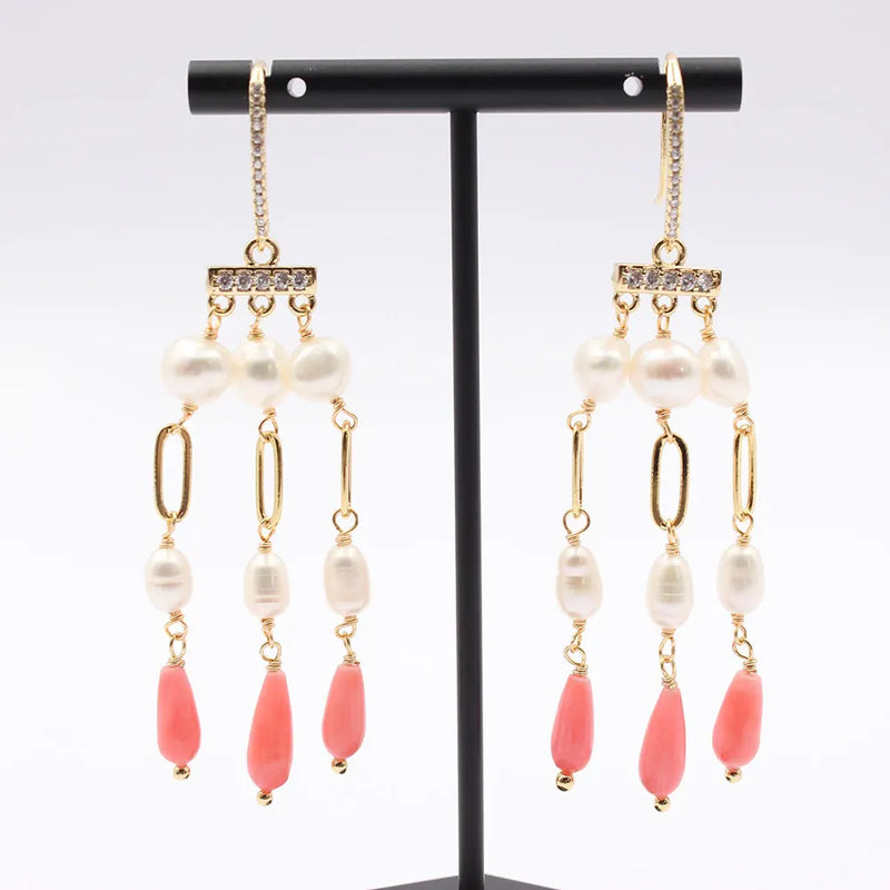 Natural Pearl Pink Coral CZ Pave Hook Earrings Women Lady Jewelry Gift