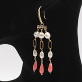 Natural Pearl Pink Coral CZ Pave Hook Earrings Women Lady Jewelry Gift