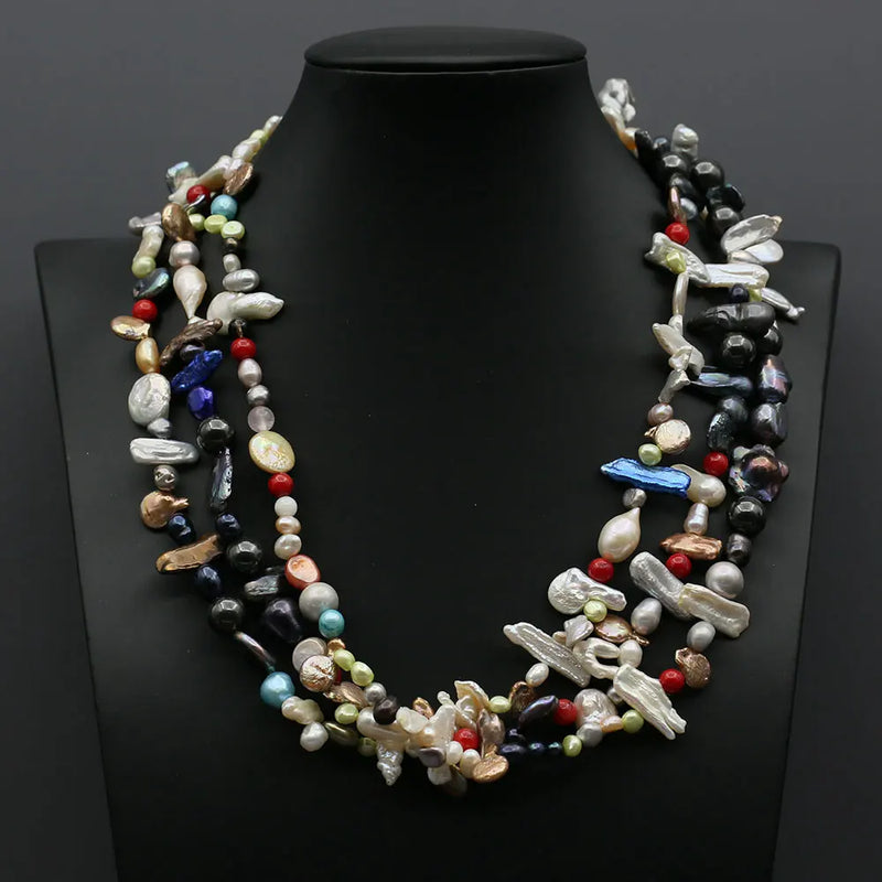 3 Strands Natural Pearl Coral Necklace For Lady