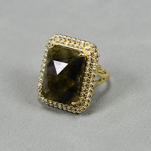 Labradorite Rectangle Adjustable Ring with Cz Paved for Women