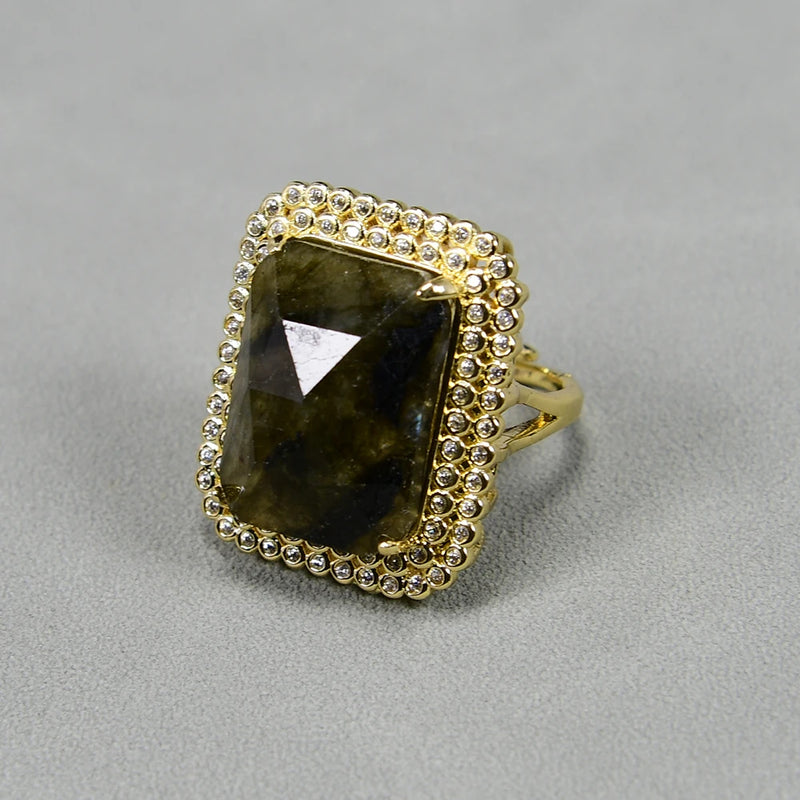 Labradorite Rectangle Adjustable Ring with Cz Paved for Women