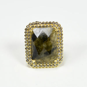 Labradorite Rectangle Adjustable Ring with Cz Paved for Women